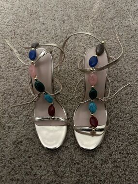 Metallic Strappy Gemstone Accent Sandals in Gold